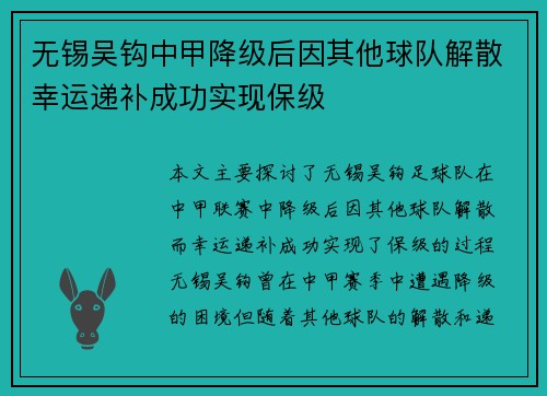 无锡吴钩中甲降级后因其他球队解散幸运递补成功实现保级